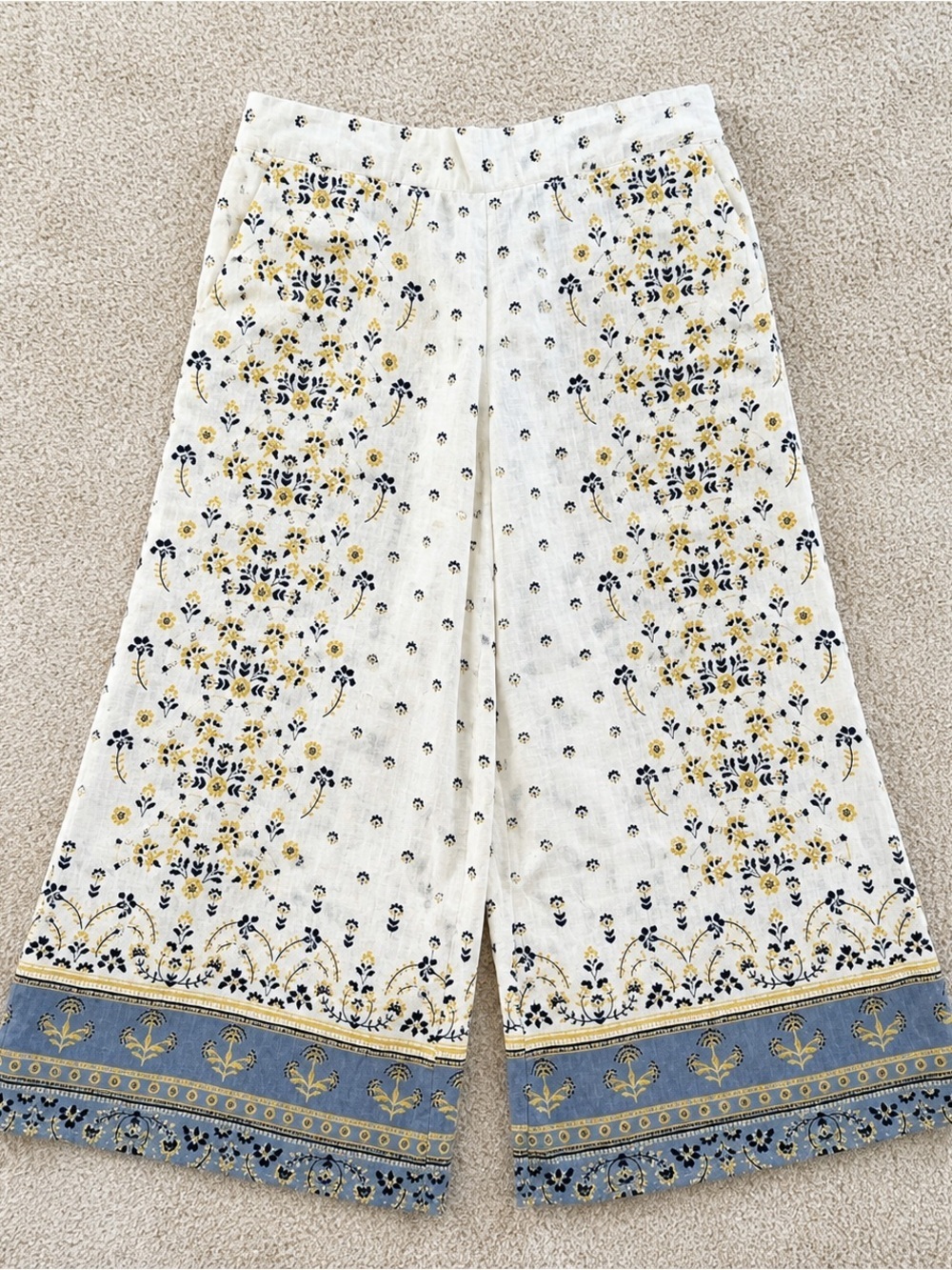 Joie 100% Linen Wide Leg Pants Sz S Boho Floral Print Pull-On Crop Trousers - Picture 2 of 8
